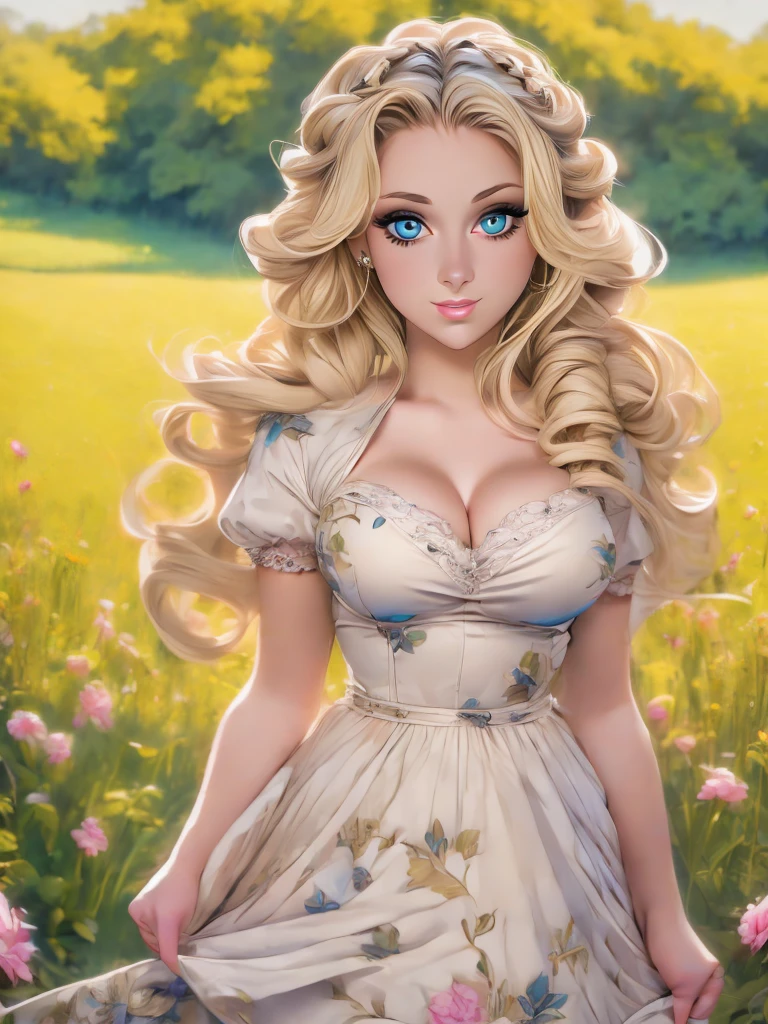 (masterpiece:1.2), (best quality:1.2), perfect eyes, perfect face, perfect lighting, 1girl, mature female in a field, medium blond hair, curly hair, detailed clothes, detailed outdoor background, makeup, eyeshadow, thick eyelashes, fantasy, looking at the viewer, spring 