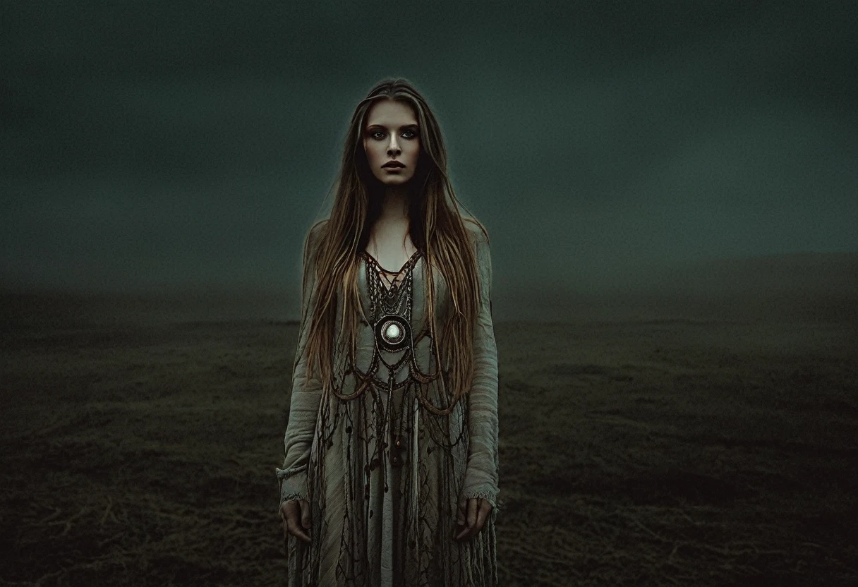 RAW photo, photorealistic, film grain, pale skin, evil slavic woman, long dark blond hair, eye catchlights, atmospheric lighting, imperfections, natural, epiCRealism, art by mooncryptowow .A mesmerizing mystic-style photo of a oneiromancer standing amidst the fading twilight, her attire shimmering like crystallized dreams. The enchanting figure holds a staff with a dream catcher dangling from it, weaving a spellbinding scene that captivates the viewer. Her flowing garments emit an ethereal aura, glistening with otherworldly magic. The background features soft earthy tones, with a hint of dusk's fading light. The graphic novel style showcases flat outlines and bold ink lines, creating a captivating and dreamlike atmosphere., boudoir erotic... stylish. photoshoot. hyper-detailed hypermaximalist dynamic style. Erotic photography. Boudoir. Glamour style.... great lighting