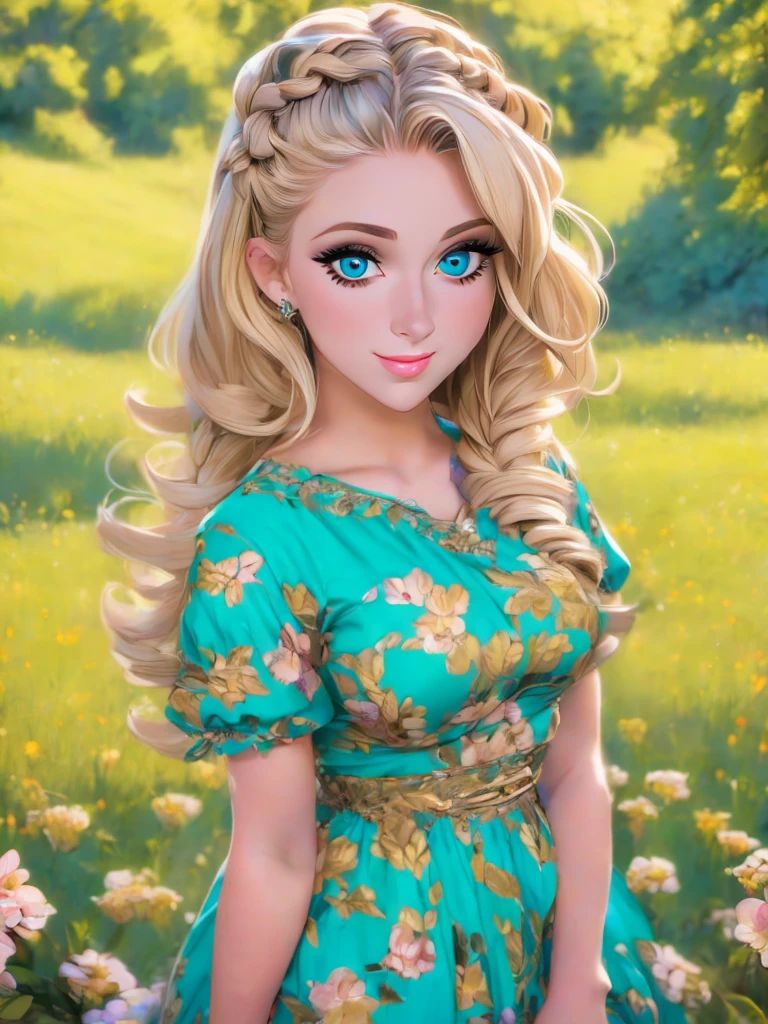 (masterpiece:1.2), (best quality:1.2), perfect eyes, perfect face, perfect lighting, 1girl, mature female in a field, medium blond hair, curly hair, detailed clothes, detailed outdoor background, makeup, eyeshadow, thick eyelashes, fantasy, looking at the viewer, spring 