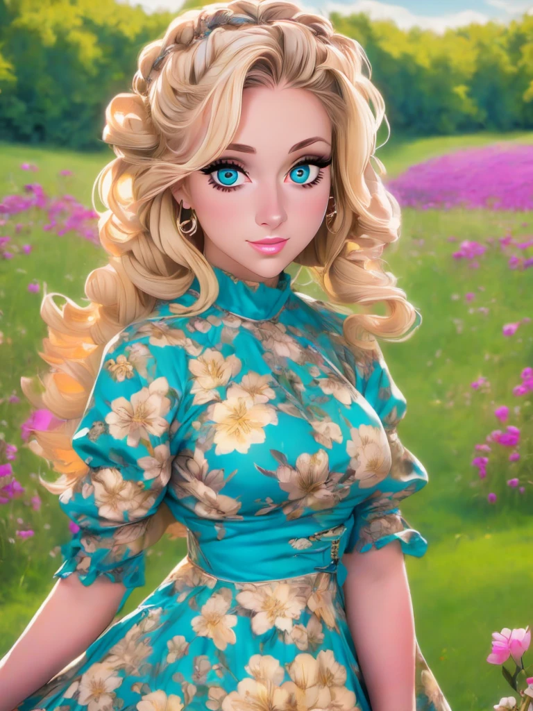 (masterpiece:1.2), (best quality:1.2), perfect eyes, perfect face, perfect lighting, 1girl, mature female in a field, medium blond hair, curly hair, detailed clothes, detailed outdoor background, makeup, eyeshadow, thick eyelashes, fantasy, looking at the viewer, spring 