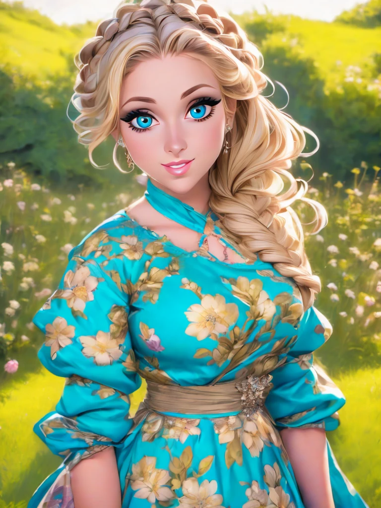 (masterpiece:1.2), (best quality:1.2), perfect eyes, perfect face, perfect lighting, 1girl, mature female in a field, medium blond hair, curly hair, detailed clothes, detailed outdoor background, makeup, eyeshadow, thick eyelashes, fantasy, looking at the viewer, spring 