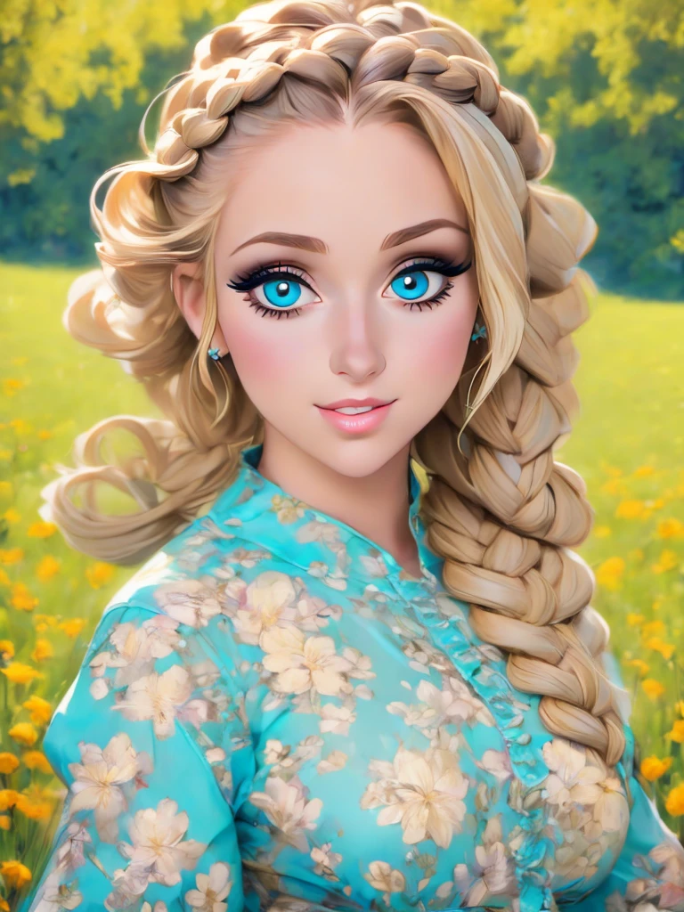 (masterpiece:1.2), (best quality:1.2), perfect eyes, perfect face, perfect lighting, 1girl, mature female in a field, medium blond hair, curly hair, detailed clothes, detailed outdoor background, makeup, eyeshadow, thick eyelashes, fantasy, looking at the viewer, spring 