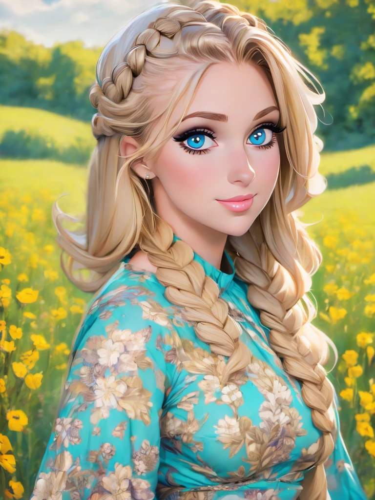 (masterpiece:1.2), (best quality:1.2), perfect eyes, perfect face, perfect lighting, 1girl, mature female in a field, medium blond hair, curly hair, detailed clothes, detailed outdoor background, makeup, eyeshadow, thick eyelashes, fantasy, looking at the viewer, spring 