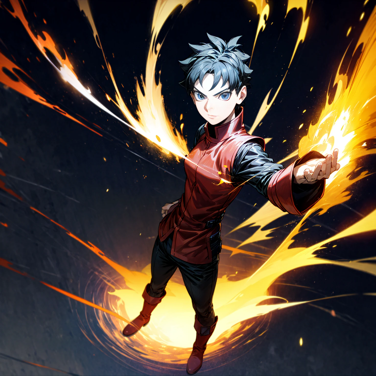1boy, Full body version, 1character, blue eyes, short haircut, black color hair, soldier style outfit, ban captain, boots, Grassroots, full background in fire tornado, motion blur, (Hunter x Hunter style art), standing gesture, big fire on hand, lighting fire in hand, smoke effect, aura effect, hologram, plasma effect, blood on hand, lighting effect, high angle view