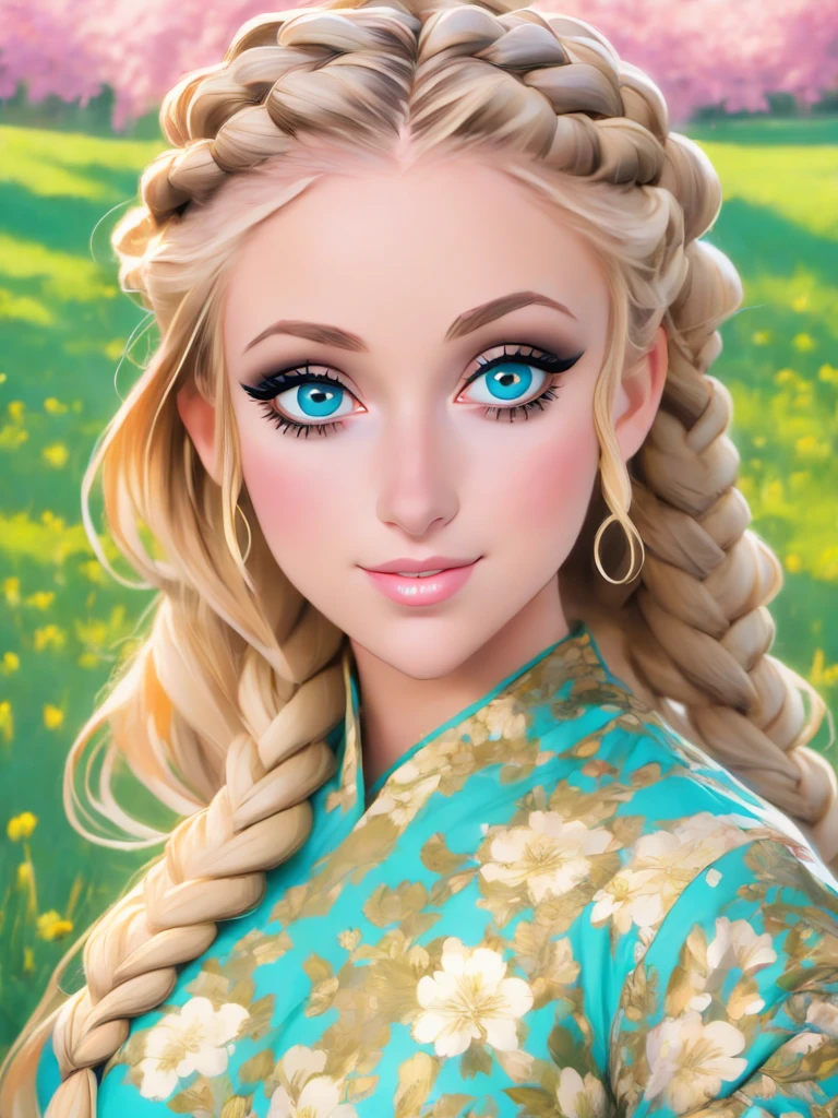 (masterpiece:1.2), (best quality:1.2), perfect eyes, perfect face, perfect lighting, 1girl, mature female in a field, medium blond hair, curly hair, detailed clothes, detailed outdoor background, makeup, eyeshadow, thick eyelashes, fantasy, looking at the viewer, spring 