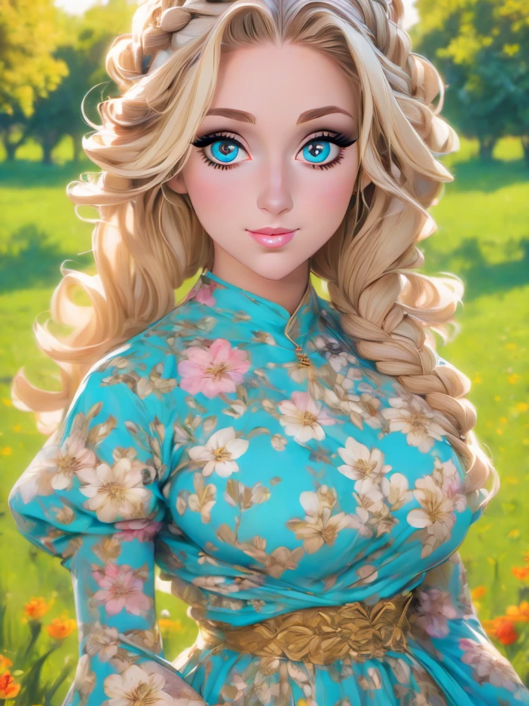 (masterpiece:1.2), (best quality:1.2), perfect eyes, perfect face, perfect lighting, 1girl, mature female in a field, medium blond hair, curly hair, detailed clothes, detailed outdoor background, makeup, eyeshadow, thick eyelashes, fantasy, looking at the viewer, spring 