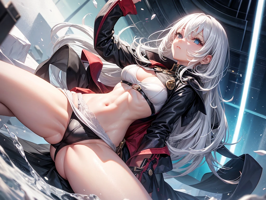 Create a character with white hair, smooth, falling to her waist, breasts small