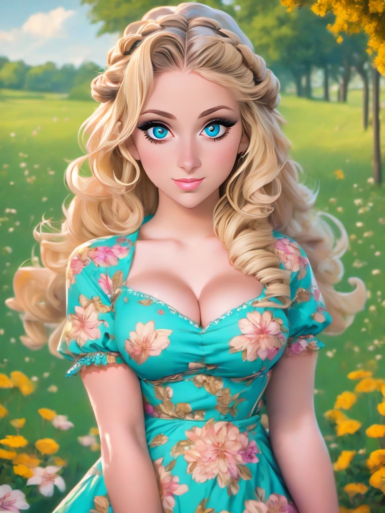 (masterpiece:1.2), (best quality:1.2), perfect eyes, perfect face, perfect lighting, 1girl, mature female in a field, medium blond hair, curly hair, detailed clothes, detailed outdoor background, makeup, eyeshadow, thick eyelashes, fantasy, looking at the viewer, spring 