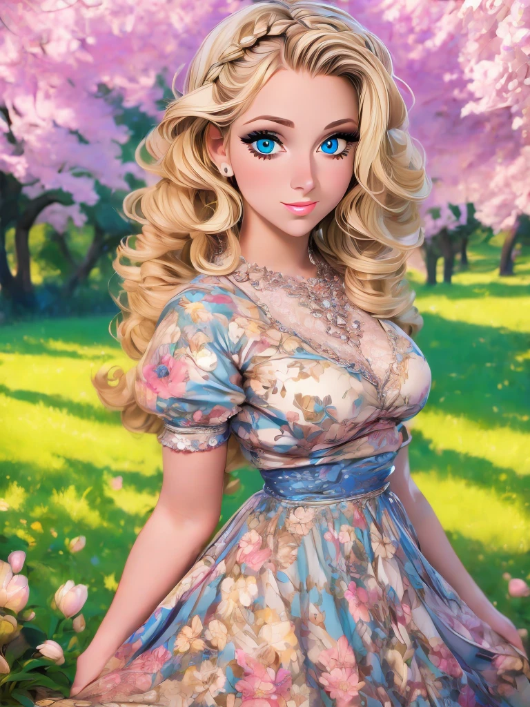 (masterpiece:1.2), (best quality:1.2), perfect eyes, perfect face, perfect lighting, 1girl, mature female in a field, medium blond hair, curly hair, detailed clothes, detailed outdoor background, makeup, eyeshadow, thick eyelashes, fantasy, looking at the viewer, spring 