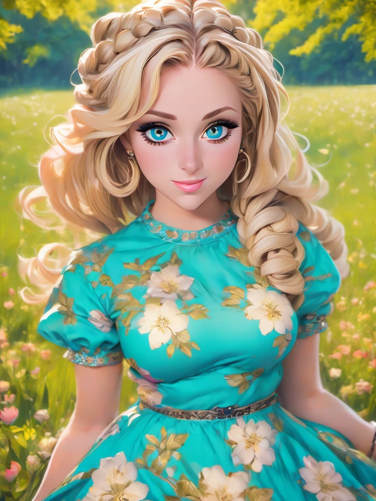 (masterpiece:1.2), (best quality:1.2), perfect eyes, perfect face, perfect lighting, 1girl, mature female in a field, medium blond hair, curly hair, detailed clothes, detailed outdoor background, makeup, eyeshadow, thick eyelashes, fantasy, looking at the viewer, spring 