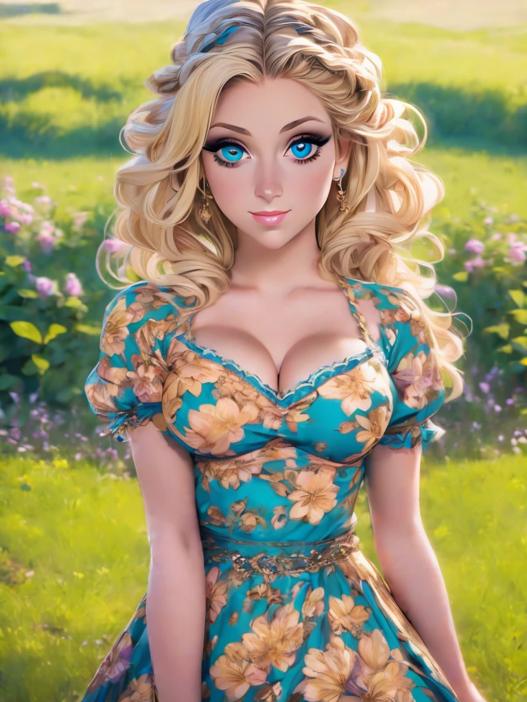 (masterpiece:1.2), (best quality:1.2), perfect eyes, perfect face, perfect lighting, 1girl, mature female in a field, medium blond hair, curly hair, detailed clothes, detailed outdoor background, makeup, eyeshadow, thick eyelashes, fantasy, looking at the viewer, spring 