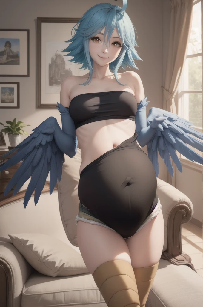 (masterpiece, best quality:1.2), solo, 1girl, mmpapi, smile, looking at viewer, ahoge, feathered wings, winged arms, black tube top, short shorts, talons, indoors, living room 1  pregnant hands on belly