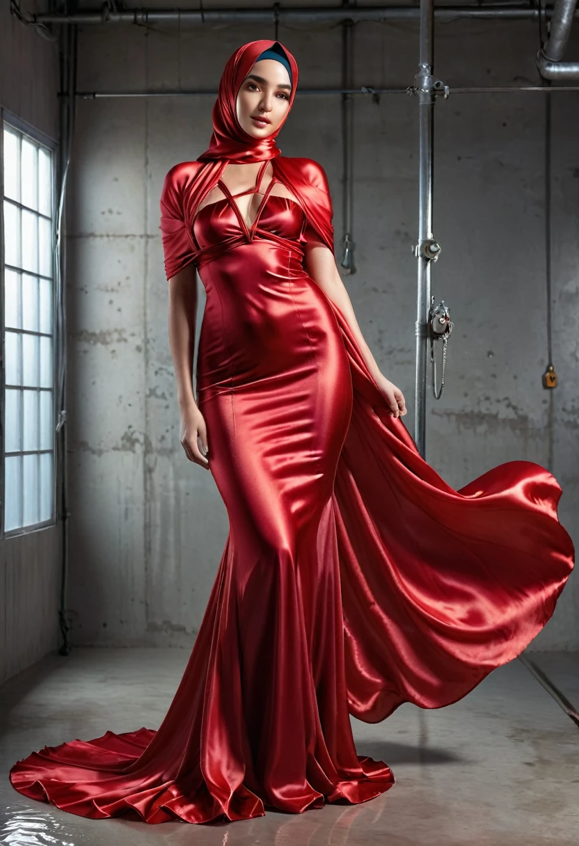 a sexy a woman covered in large red satin cloth, tied tightly with the satin cloth, mummified, the satin hanging down very long, a mermaid style dress, wearing a satin hijab, the satin cloth is very long, forming the curve of the body, flowy satin about 4 meter,full body,masterpice, 4k resolution, ultra-realistic, highly detail.