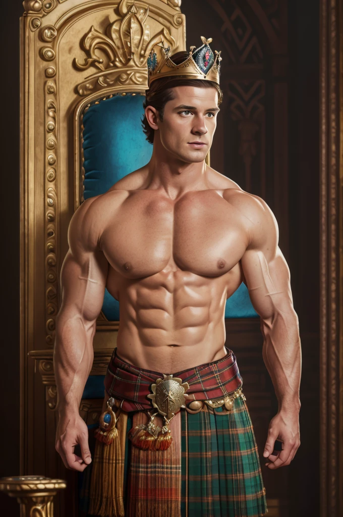 (a scottish prince,standing on a throne,wearing a crown,muscular pectorals and biceps,oil painting,realistic,highres,portrait,vivid colors,warm tones,soft lighting)