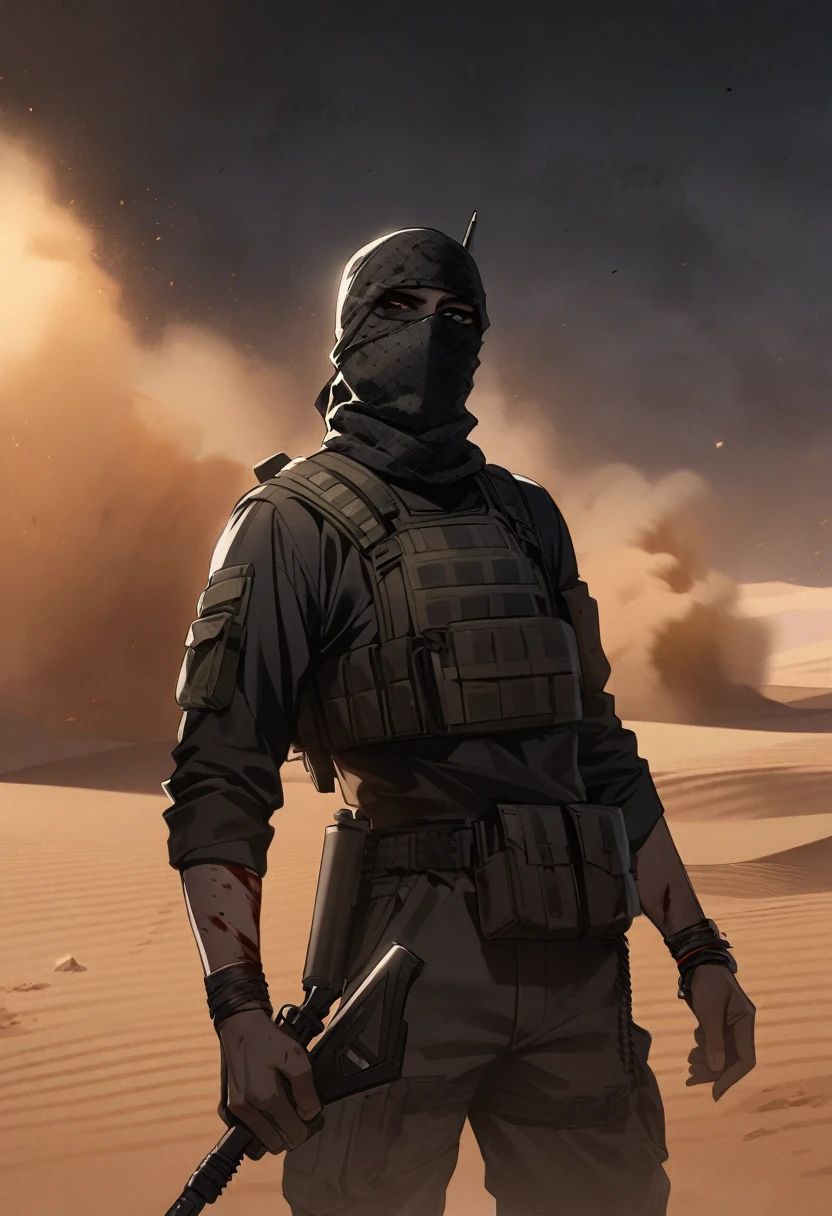 Male arab modern terrorist, terrorist, black balaclava, blood on body, black clothes, thin waist, femboy, light skin, makeup, black eyeliner, big eyelashes, black eyeshadow, choker, desert, night, sandstorm