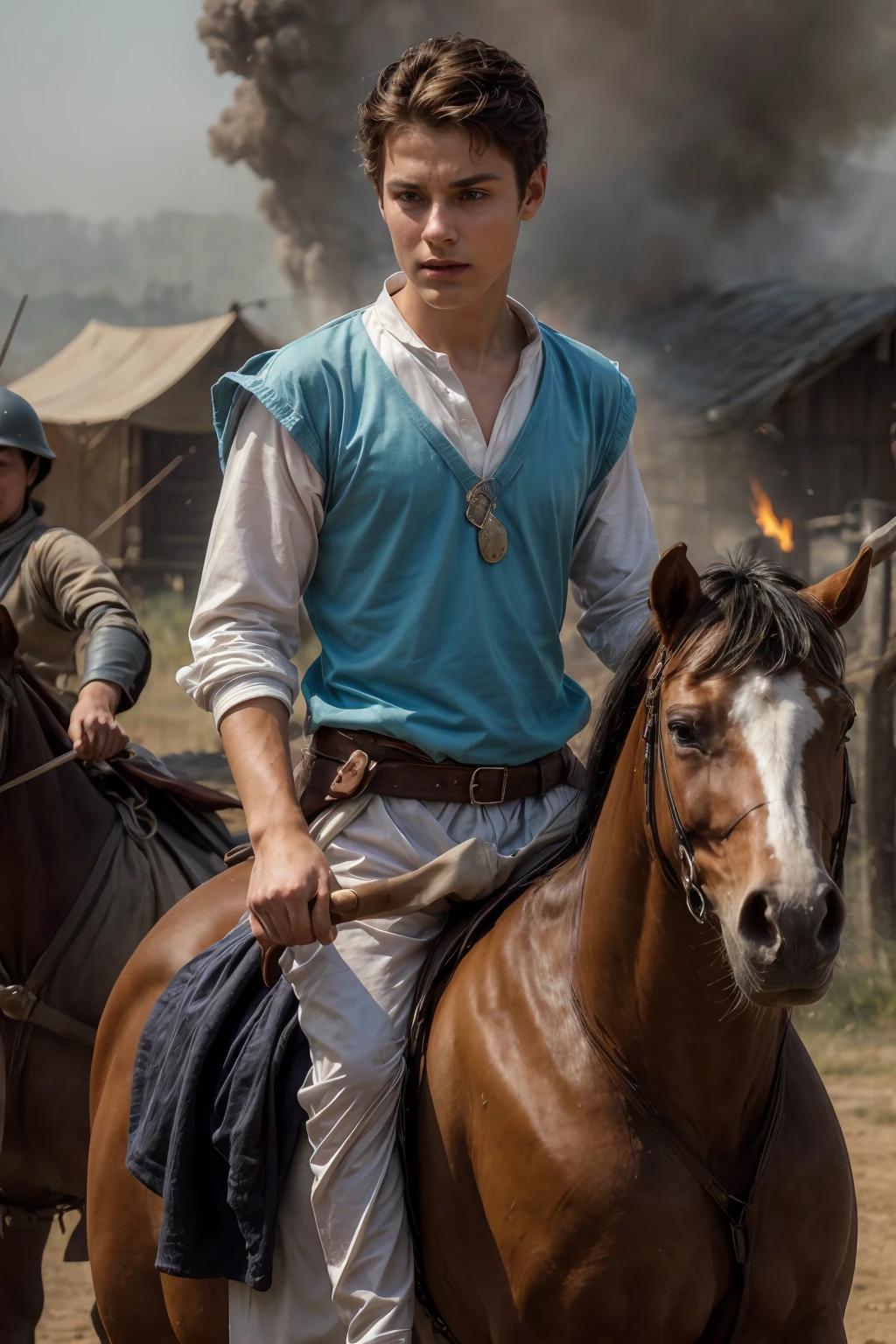 A 18-year-old male twink with a cute angel face with makeup and black hair, wearing a medieval shirt with ties, a v-neck, and long sleeves, aquamarine, and white medieval pants. He is on the battlefield, riding on a horse, carrying a sword. He goes up with his shield in his other hand, and behind him are tents burning with flames of fire, and he looks angrily, as if a horse is galloping.