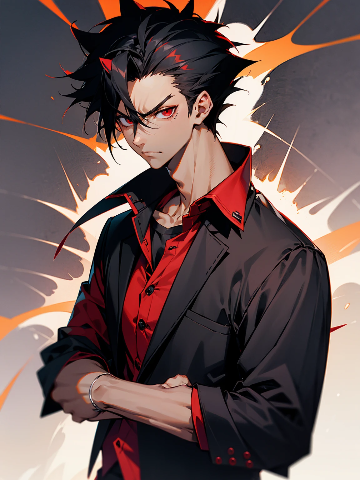 1male, tanned skin, black hair, spiky hair, red eyes, black button up shirt, angry