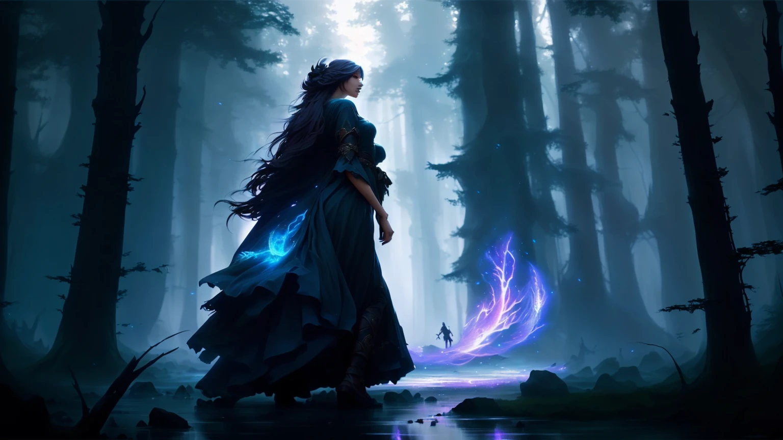 cheered up, a woman in a long dress standing in a forest without her face being seen, looking to the horizon, 2D digital fantasy art, epic fantasy art style, epic fantasy digital art style, inspired by Andreas Rocha, andres rocha style, cheered up lush  8k woods, forest soul, fantasy art style, detailed 2D digital fantasy art, magical concept art, guweiz style artwork