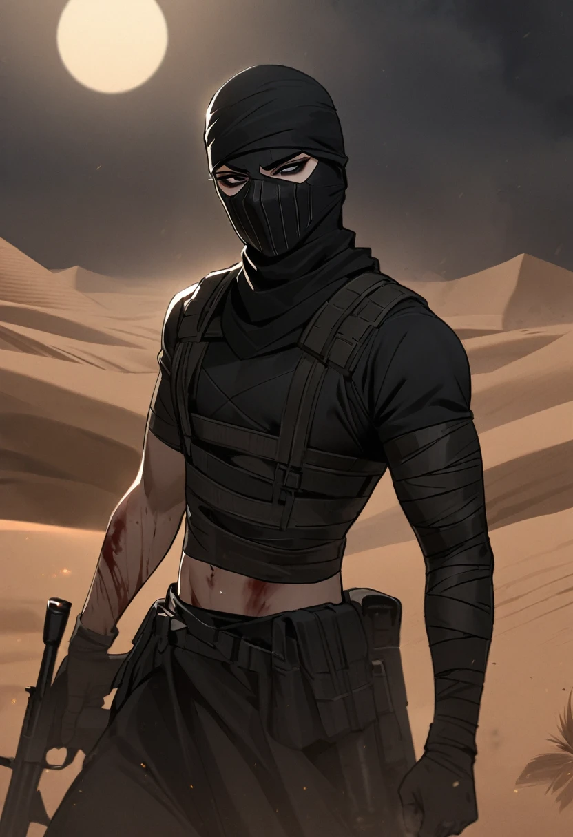 Male arab modern terrorist, terrorist, black balaclava, black bandage, blood on body, black clothes, thin waist, femboy, light skin, makeup, black eyeliner, big eyelashes, black eyeshadow, choker, desert, night, sandstorm
