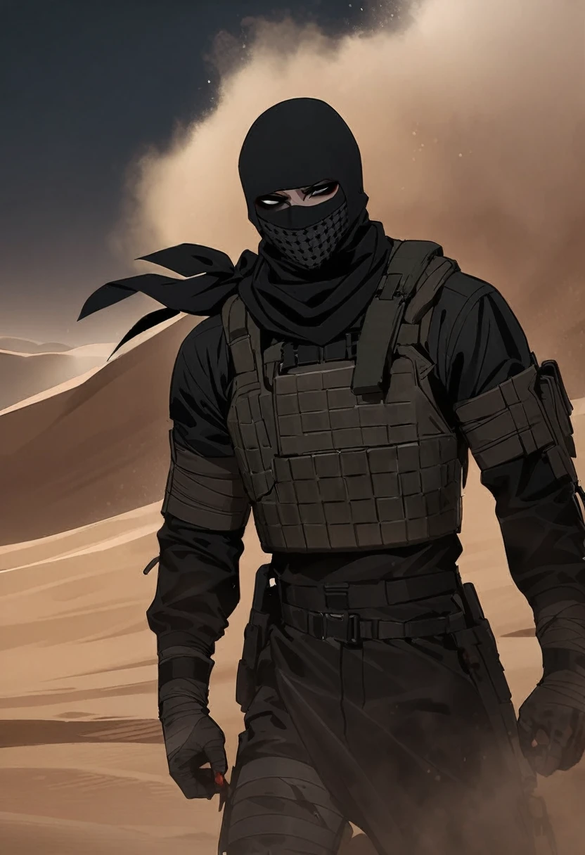 Male arab modern terrorist, terrorist, black balaclava, black bandage, blood on body, black clothes, thin waist, femboy, light skin, makeup, black eyeliner, big eyelashes, black eyeshadow, choker, desert, night, sandstorm