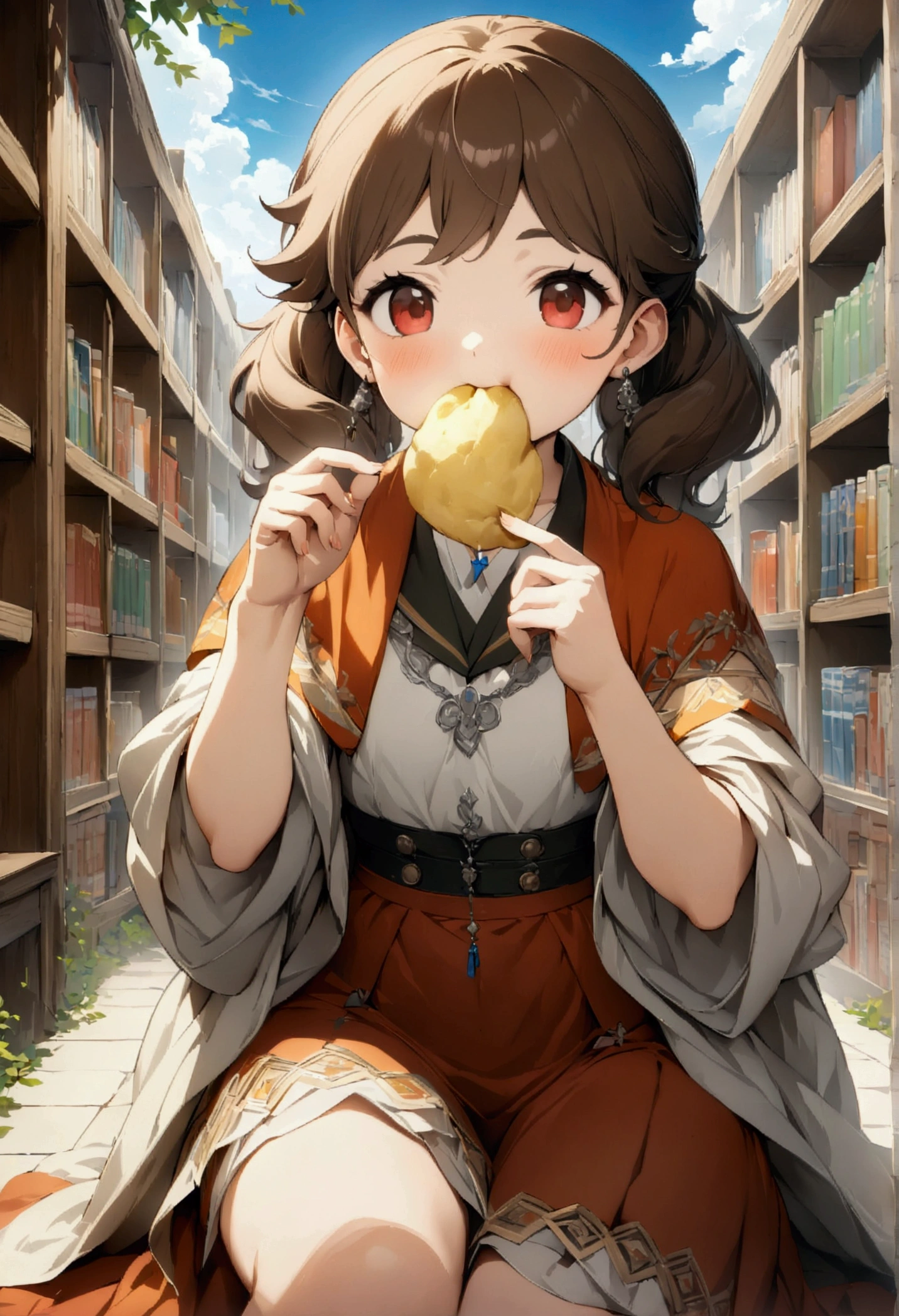 One girl,Anna Yamada,The fate of the people,Intricate details,Wide range of colors,artwork,rendering,(masterpiece:1.3),(Highest quality:1.4),(Very detailedな:1.5),High resolution,Very detailed,unity 8k wallpaper,pop,cute,Eating potato chips,School Library Background