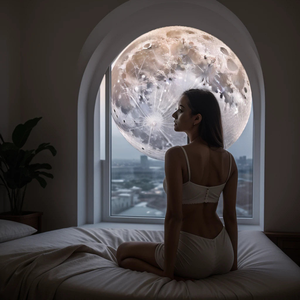 An incredibly wondrous place and there a beautiful woman in delicate casual cloth is sitting femininely staring at the full moon through a modern intricate window. We see her pretty face. Sophisticated delicate beauty and a sultry look. Stunning! Beautiful view, the moonlight from windows create light and shadow contrast at her body figure.
