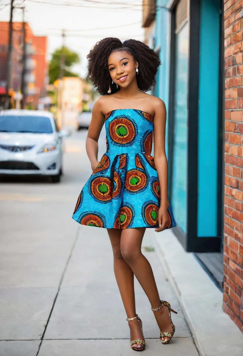 ((realistic:1.2)), African American girl, 15y.o, wearing Ankara short gown,  ((wearing Ankara:1.2)), looking cute, 