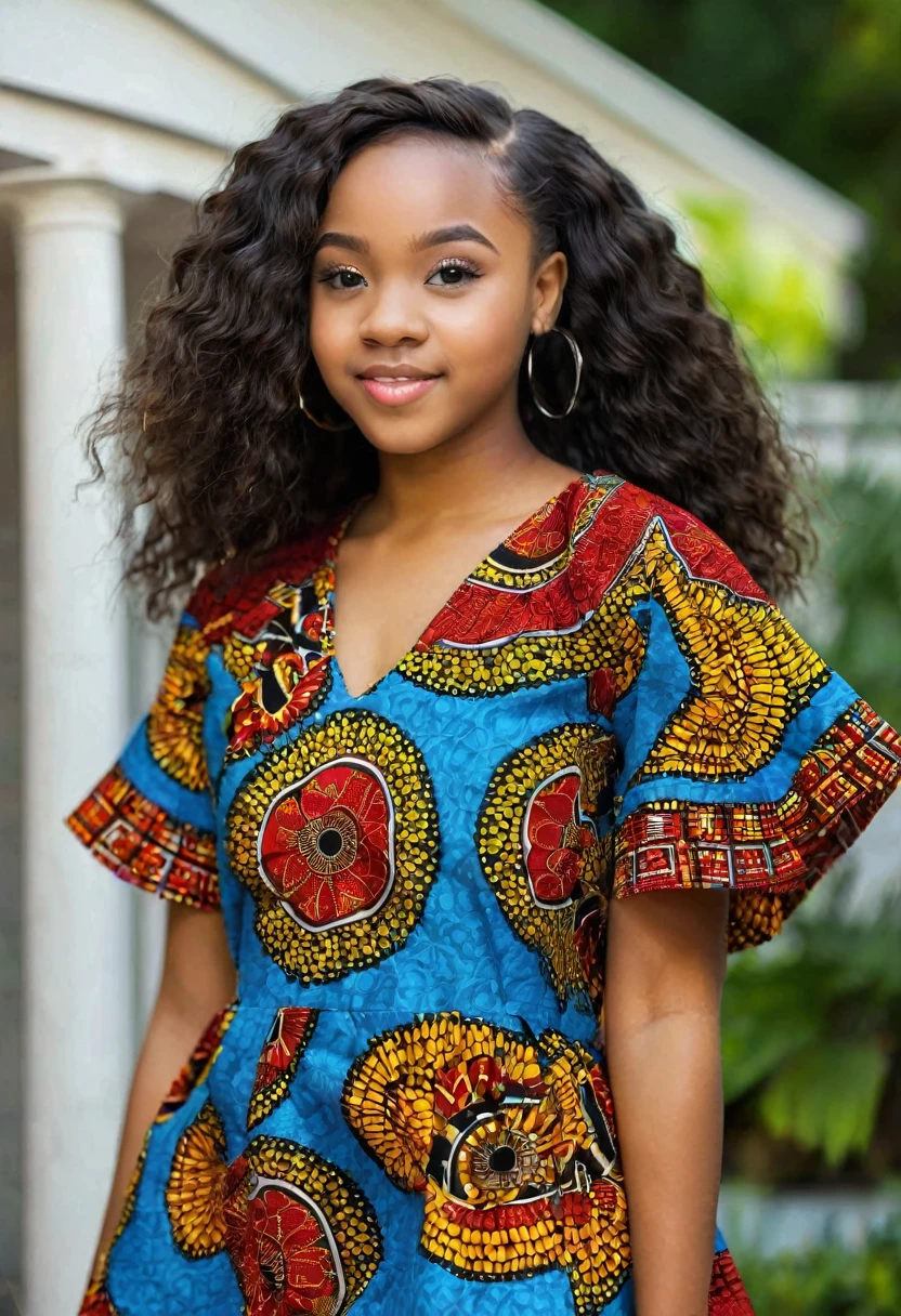 ((realistic:1.2)), African American girl, 15y.o, wearing Ankara short gown, ((wearing Ankara:1.2)), looking cute,