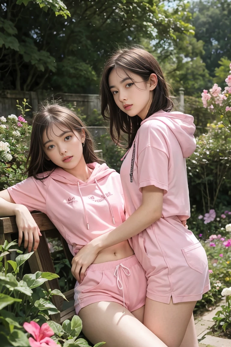 deux femmes ensemble de 18 ans sexy et mince , pink short sleeve hoodie , dans un jardin de fleur, se touche,position sey,sensuel