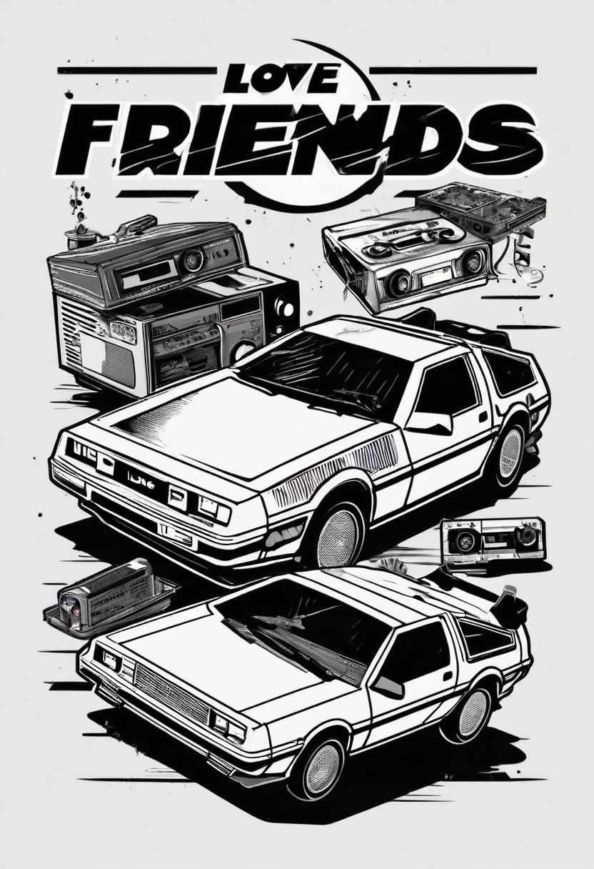 t-shirt design with a side view, using black ink on a white background. The design should include a text logo 'love 90's' with a heart symbol. Incorporate elements like Pac-Man, floppy disks, cassette tapes, and CDs. Include a 'Back to the Future' theme with the DeLorean car.  (( the TV show 'Friends' )) text say  90's  love