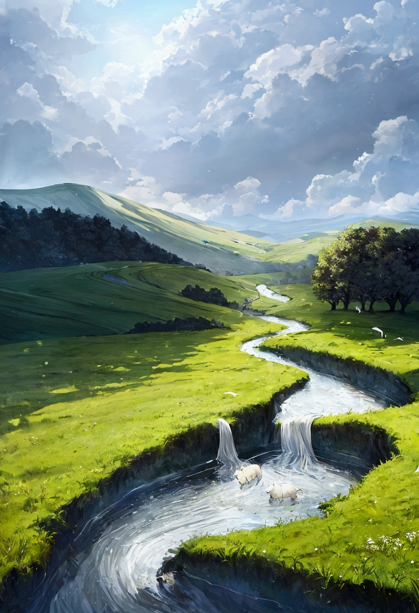 The shepherd leads the white flock to rest by the stream, near the vast green meadows, in the distance there is a valley of dark clouds, below the valley is the abyss, the abyss dark clouds, HD detail, hyper-detail, soft light, deep field focus bokeh, ray tracing. --v6