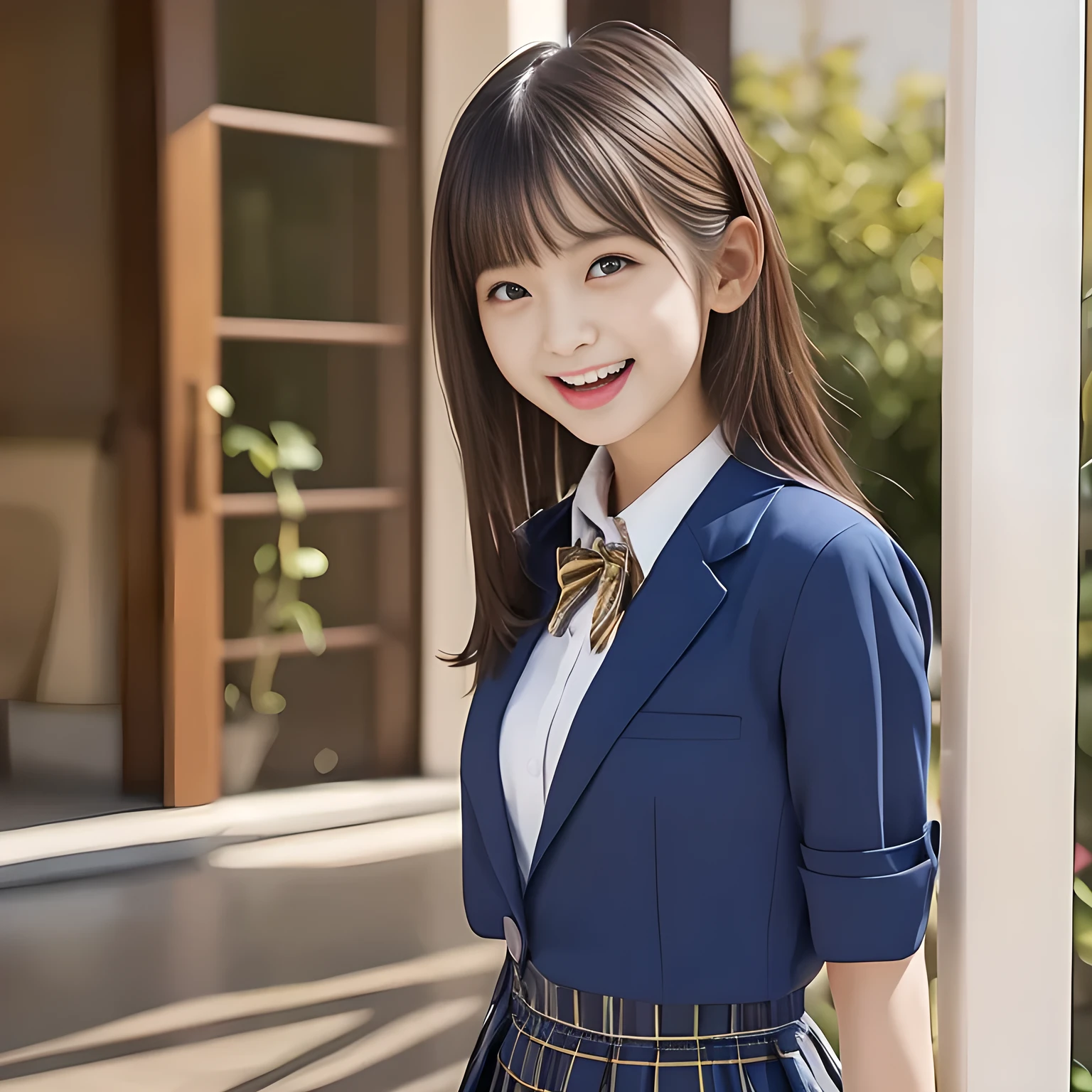 (Highest quality, masterpiece:1.2), Highest quality, High resolution, 1080P, 8k, height: 158cm, ((A noble, graceful and intelligent girl who looks like a best proportion Japanese young lady is turning around and giggling in a strong wind)), ((So sweet, very noble, neat, and pretty Japanese beautiful cute girl)), ((A real, very girly, sweet, cute and noble girl)), ((((A beautiful Japanese cute fashion model)))), ((((Very pure white face and limbs)))), Glossy Lips, (Evenly cut bangs), ((Very beautiful, droopy, cute, pure, noble brown eyes)), ((Super long, black straight hair that reaches the floor)), (Very shiny, glossy Lips), ((Beautiful straight hair like a school promotion model)), Watch at you, ((Incredibly well organized, Rich facial expressions)), ((Plump and beautiful white skin and face)), ((Pure, clear, gentle brown eyes)), ((staring at me)), Glossy Lips, ((noble and elegant)), Very beautiful blue skirt, ((Large upward-curving lips)), White Hand, ((((Navy Japanese school blazer with noble golden emblem)))), ((Navy and sapphire blue Japanese school uniform)), ((Tartan check pattern pleated long skirt)), ((Cobalt blue string chest ribbon)), ((((An ecstatic expression of boundless joy)))), ((plain white background)), ((perfect body)), (((hair beauty magazine for young girls)))