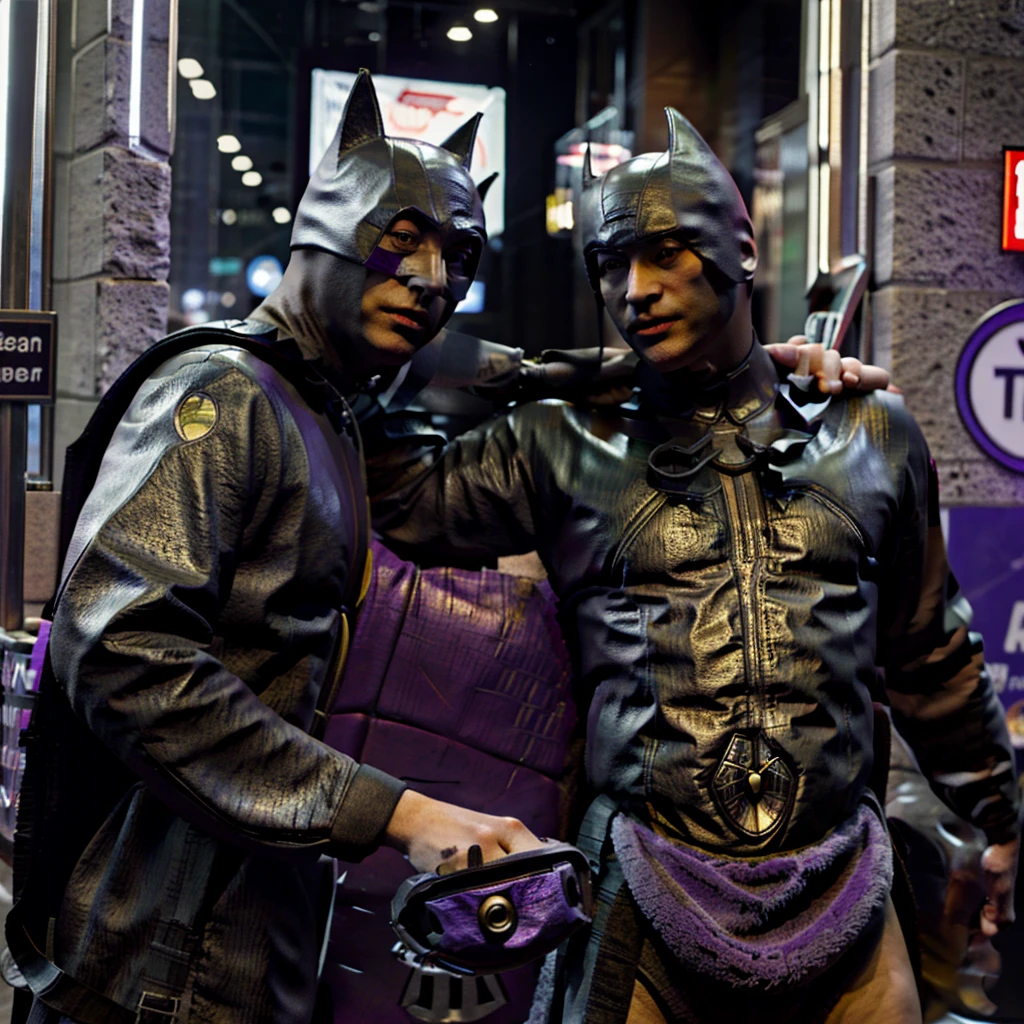 The Batman character together with the Ninja Turtle character Donatello walking in New York City 