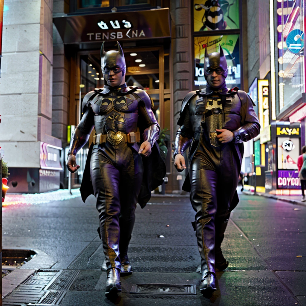 The Batman character together with the Ninja Turtle character Donatello walking in New York City
