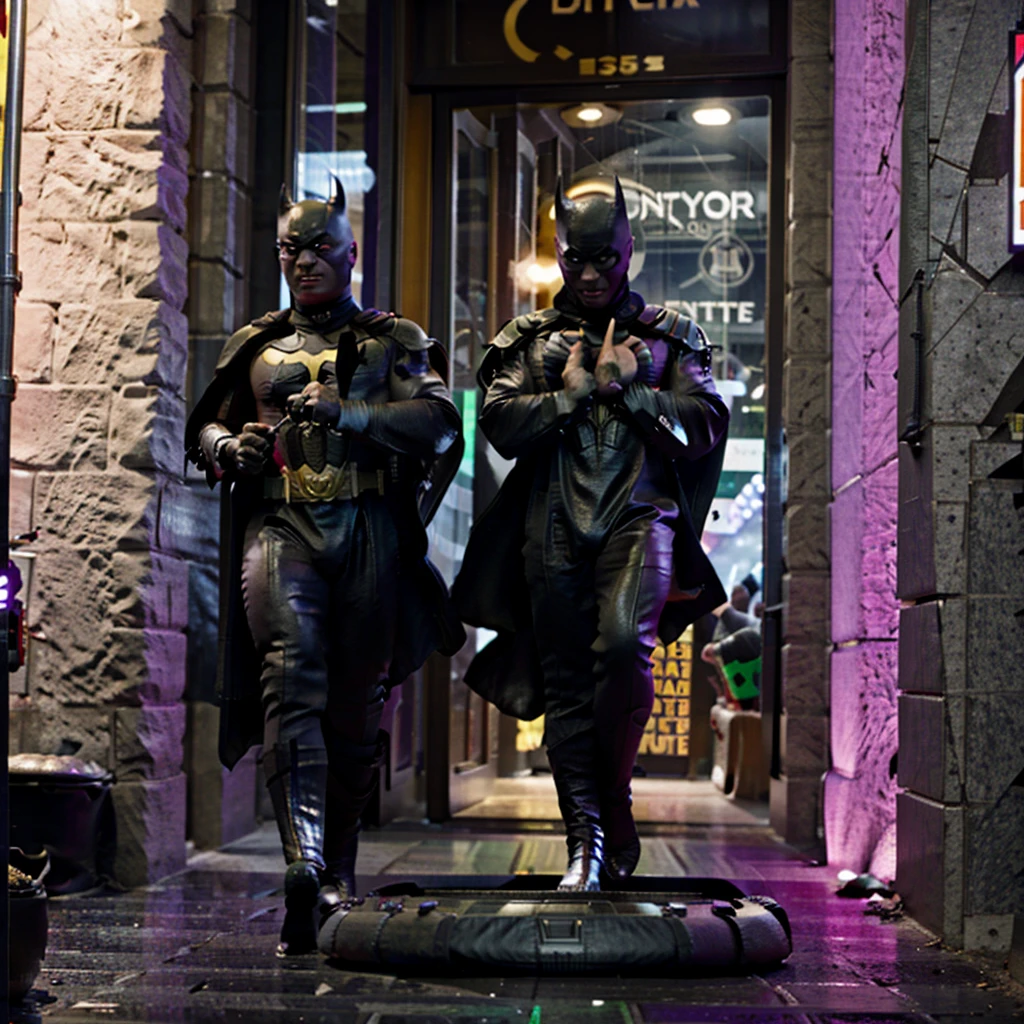 The Batman character together with the Ninja Turtle character Donatello walking in New York City 