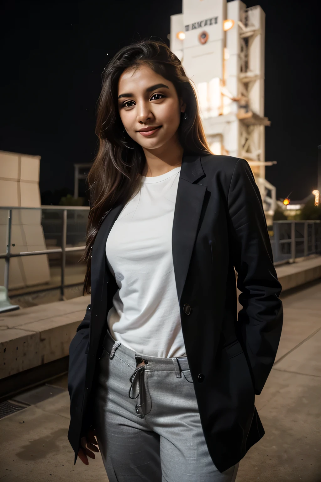 ((best quality)), ((masterpiece)), (detailed),
A 21 year old beautiful Indian girl with long hair smiling face beautiful eyes ponytail hairstyle wearing suit coat pant dark standing in space centre a large rocket under construction background