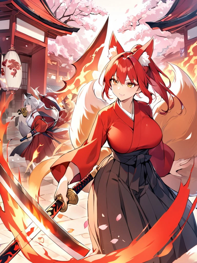 Red long ponytail、Fox ears and nine fox tails of the same color as her hair、A sword with a burning blade、A man wearing a red jacket and hakama、Very large bust、Cherry blossoms and flames scatter、Mature Woman