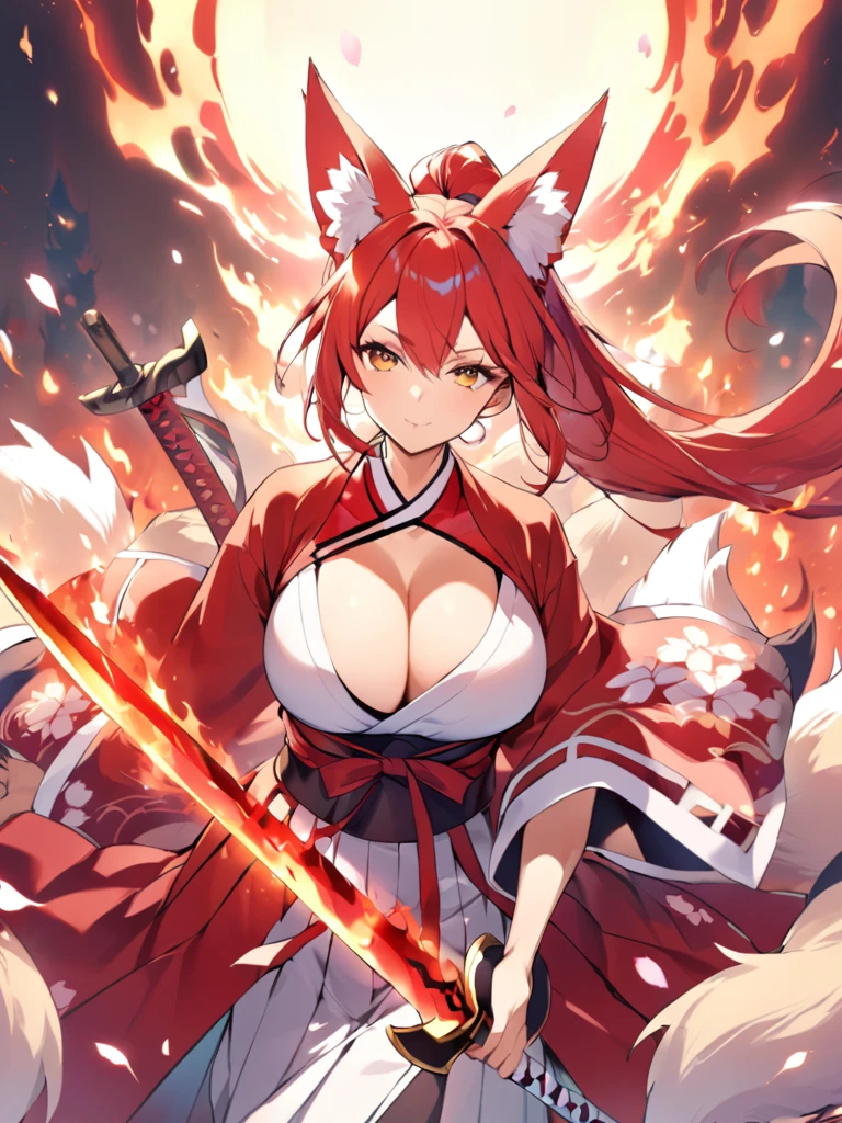 Red long ponytail、Fox ears and nine fox tails of the same color as her hair、A sword with a burning blade、A man wearing a red jacket and hakama、Very large bust、Cherry blossoms and flames scatter、Mature Woman