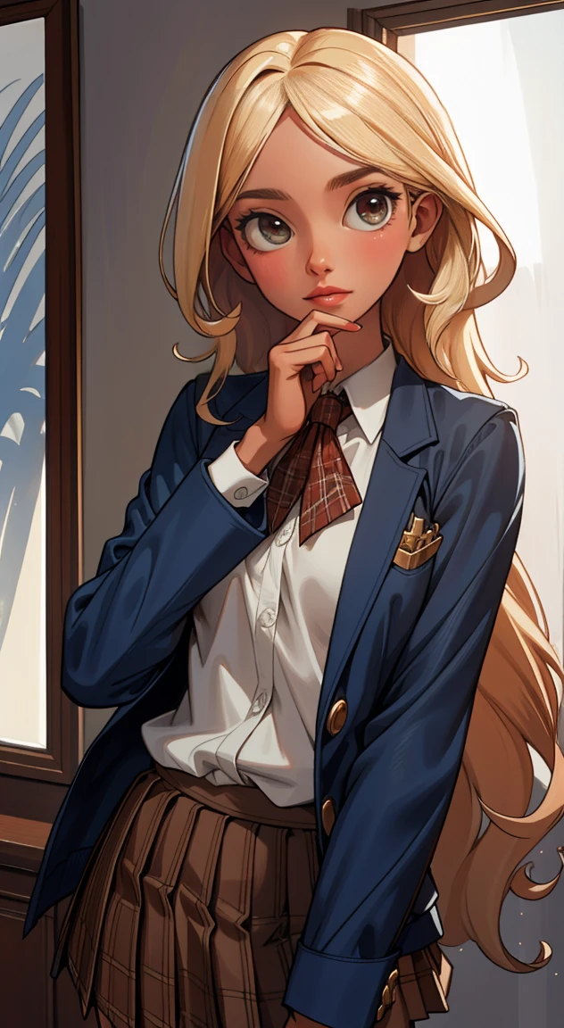 (((natta,真natta中))),((Perfect Anatomia:1.2,realisitic:1.3,Raw photo:1.3,work of art、highest quallity、Ultra - high resolution、high resolution、highly detailed CG、8k)),Beautiful girl high school girl,Japanese,((beautiful face and detailed eyes:1.2,big gorgeous eyes:1.3,)),hair blonde,long hair,(hair parted in the middle:1.4,brow),medium breasts,slenderbody,Small head:1.3,skinny,(brown skin:1.4),(greasy skin,shining skin,shining skin,sweat:1.2),(schoolar uniform、Dark blue blazer jacket、pleated plaid mini skirt)