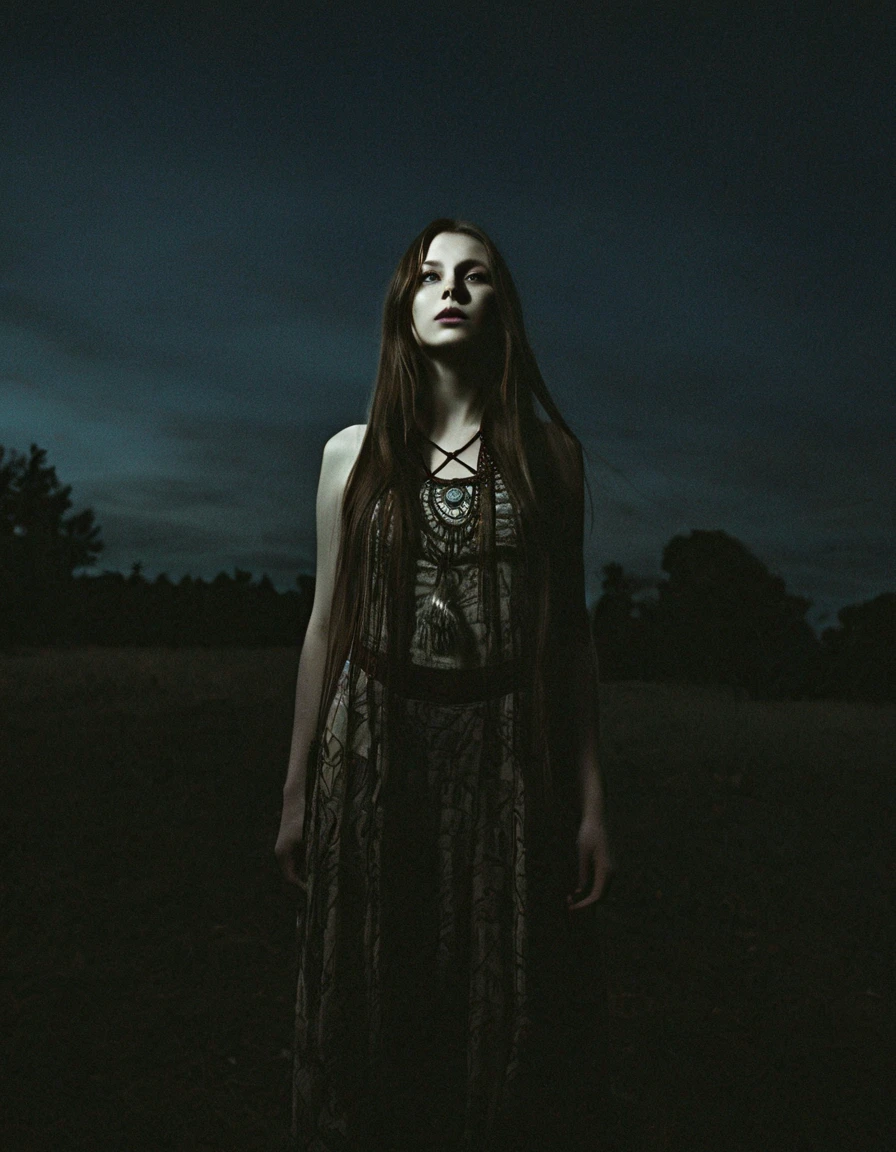 RAW photo, photorealistic, film grain, pale skin, evil slavic woman, long dark blond hair, eye catchlights, atmospheric lighting, imperfections, natural, epiCRealism, art by mooncryptowow .A mesmerizing mystic-style photo of a oneiromancer standing amidst the fading twilight, her attire shimmering like crystallized dreams. The enchanting figure holds a staff with a dream catcher dangling from it, weaving a spellbinding scene that captivates the viewer. Her flowing garments emit an ethereal aura, glistening with otherworldly magic. The background features soft earthy tones, with a hint of dusk's fading light. The graphic novel style showcases flat outlines and bold ink lines, creating a captivating and dreamlike atmosphere., boudoir erotic... stylish. photoshoot. hyper-detailed hypermaximalist dynamic style. Erotic photography. Boudoir. Glamour style.... great lighting
