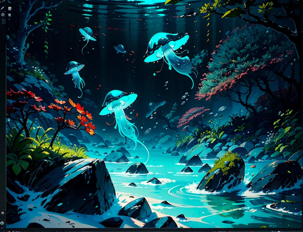 Masterpiece, best quality, (very detailed CG unity 8k wallpapers), (best quality), (best illustrations), (best shadows), marine theme with natural elements. Tall mangroves, rich marine plants, glowing jellyfish, surrounded by schools of fish, glowing particle effects,, (marine plants), (ocean theme), ((luminous algae)), (coral), ((glowing jellyfish )), ((Glow Creatures in Seawater)), ((Sea Fire)), (((Particle Effect))), Isometric 3D, Octane Rendering, Ray Tracing, Super Detailed --v6