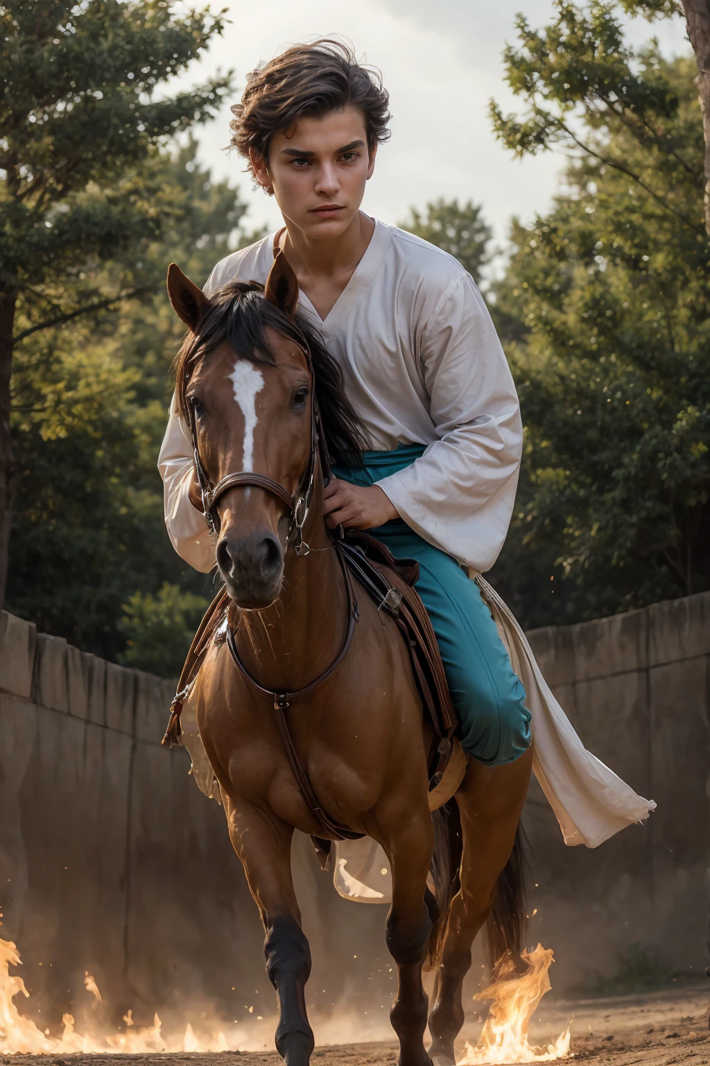 A cute twink male with a make-up face and black hair. He is wearing a white long-sleeved shirt and brown pants. He is riding a horse and looks proudly on the battlefield with a drawn sword in his hand.