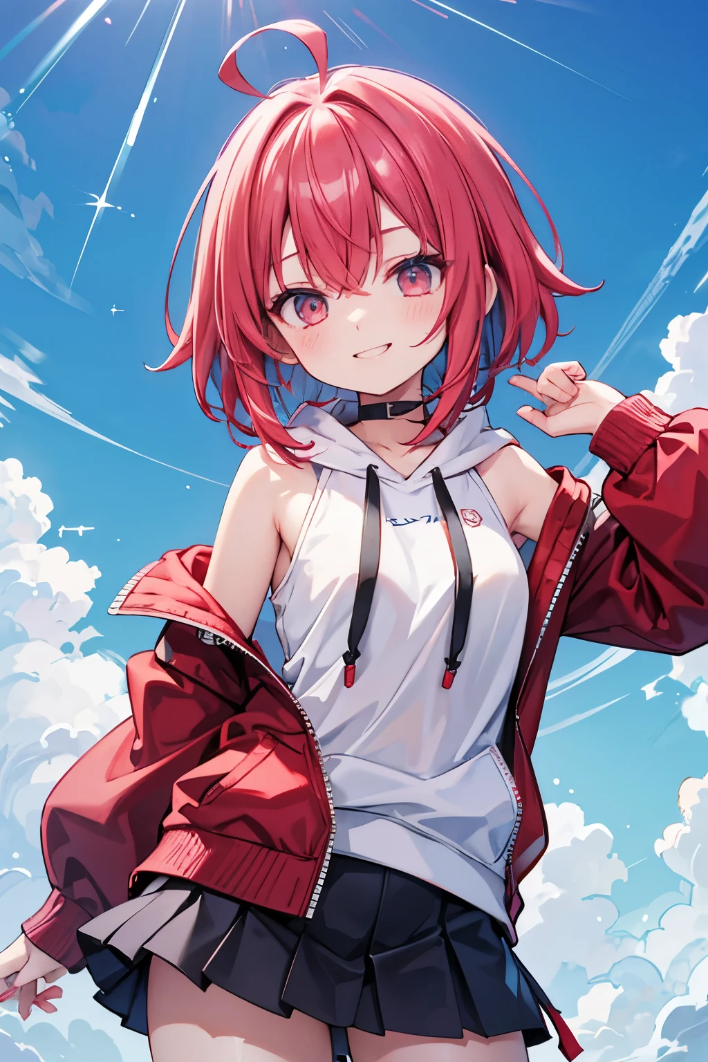Red and light blue hair々Mixed, shoulder length hair, droopy eyes, smiling mouth, loose hoodie, miniskirt, side-haired ahoge
