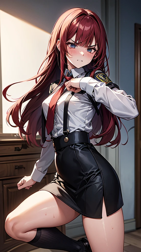 {{masterpiece}}, {{{Highest quality}}},{{Very detailed}}, {{figure}},{{tall}},{{Adult female}},,{{Fighting stance}},{From Side},{{Long sleeve mini skirt uniform}},{{on one knee}},}}{}},{fighting stance}},{},{}, ,{{}},{{Eyelet foot}},,{{blushing with anger}},{{v-shaped eyebrows}},,{{}},{{}},,Slender body}}{{Avoidance}}{{Female police officer}},,,,suspenders ,Long sleeve mini skirt uniform, White High Socks,Black fingerless gloves, Long Red Hair, Red tie,Straight hair ,Blunt bangs,Thigh holster,.amountn loafer,,blush,Wrinkles ,amount,Grit your teeth,suffering,v-shaped eyebrows.,Sweat dripping,Medium chest ,get annoyed,,Slums,,Twisting,