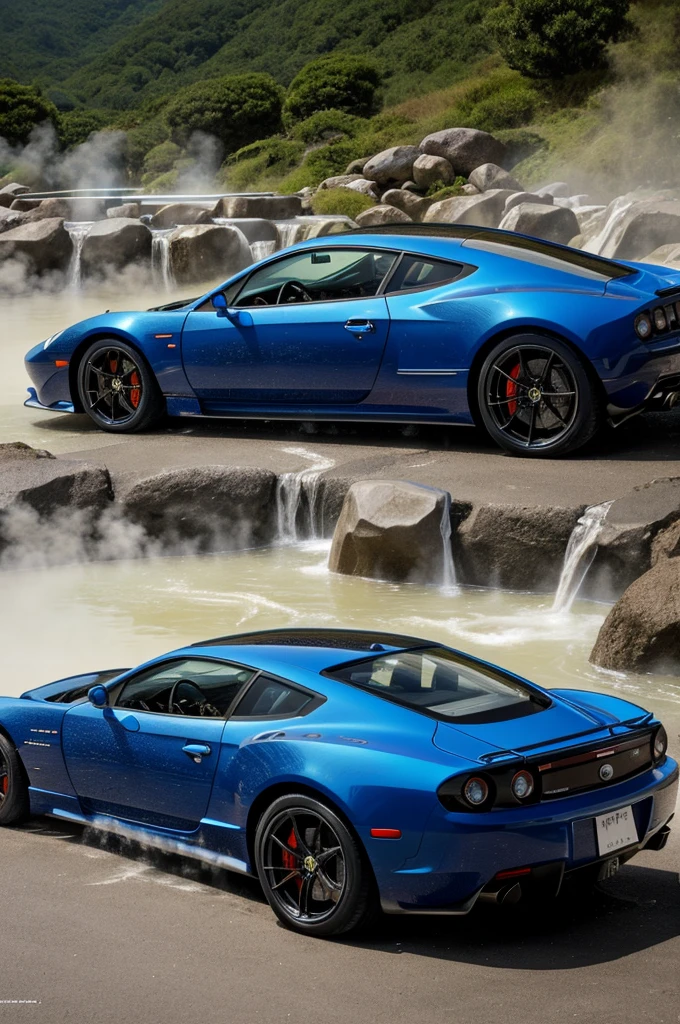 Best quality, masterpiece, super high resolution, a super car soaking in a hot spring in Japan, 