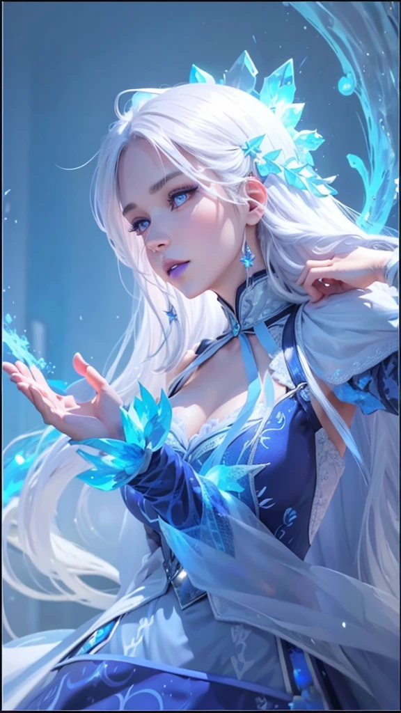 a girl of mixed European and Asian descent, long white hair, half closed eyes, blue eyeballs, blue lips, has a blue floating crown pattern on the back of the head, blue thin long dress with ice and snow style, a beautiful ice queen, aurora from mobile legend, ig model, close potrait, ultra detailed, super detailed, super hd, ultra super detailed potrait, mature, there is only left hand visible in the picture, blue lips, NO HANDS BESIDE THE NECK