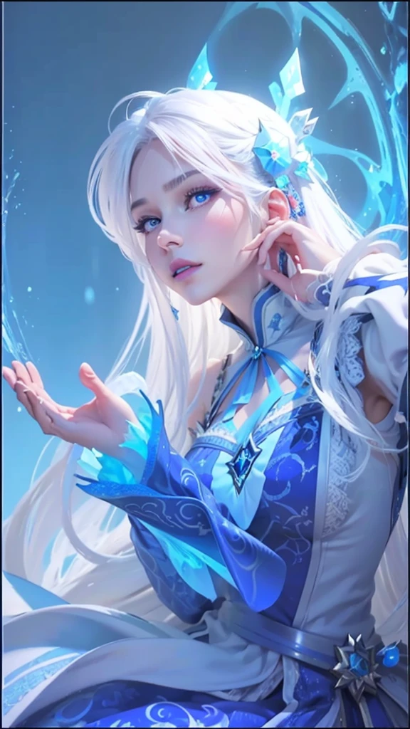 a girl of mixed European and Asian descent, long white hair, half closed eyes, blue eyeballs, blue lips, has a blue floating crown pattern on the back of the head, blue thin long dress with ice and snow style, a beautiful ice queen, aurora from mobile legend, ig model, close potrait, ultra detailed, super detailed, super hd, ultra super detailed potrait, mature, there is only left hand visible in the picture, blue lips, NO HANDS BESIDE THE NECK