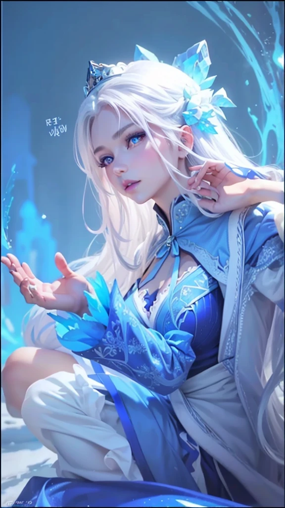 a girl of mixed European and Asian descent, long white hair, half closed eyes, blue eyeballs, blue lips, has a blue floating crown pattern on the back of the head, blue thin long dress with ice and snow style, a beautiful ice queen, aurora from mobile legend, ig model, close potrait, ultra detailed, super detailed, super hd, ultra super detailed potrait, mature, there is only left hand visible in the picture, blue lips, NO HANDS BESIDE THE NECK