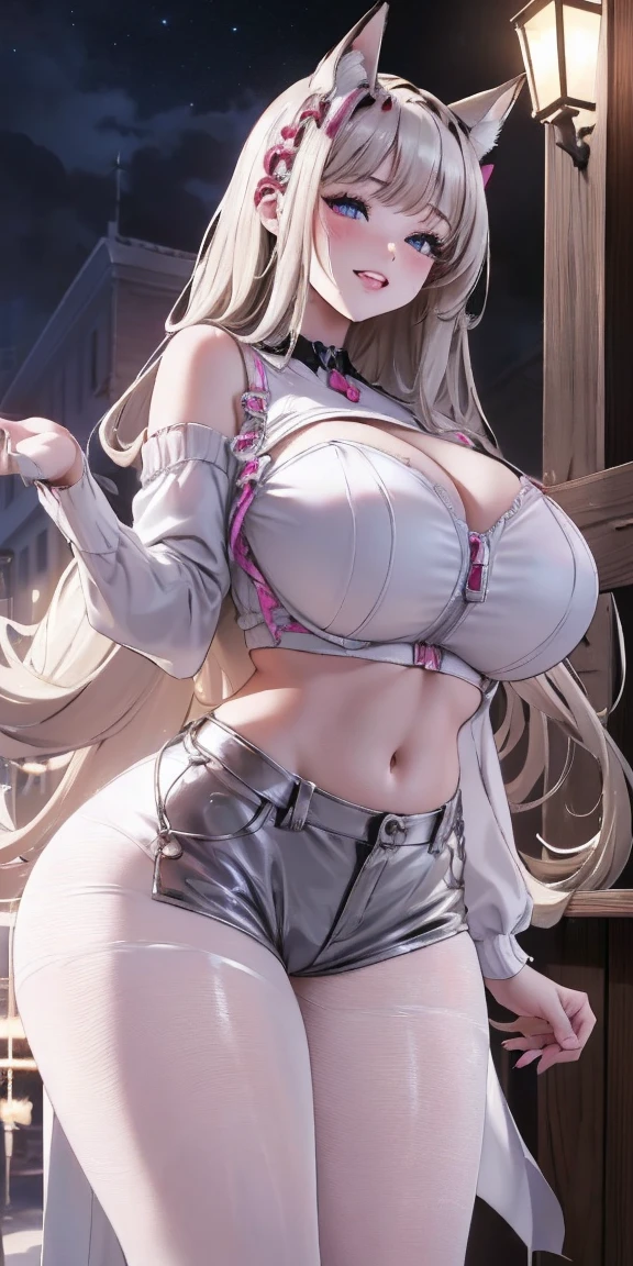 beautiful, breathtaking mature fox-woman, large, sagging breasts, light black hair with white streaks, earrings, (short shorts, superiority, naughty, thick thighs, with a sexy neckline: 1.1), (micro shorts: 1.1), ((masterpiece, best quality; 1.3)), ultra detailed, 8k unity wallpapers, CG, ray tracing, illustration, colorful, cinematic shadow, extremely detailed and beautiful background, vhd, VRay Shading, RT)), (slutty face: 1.2), mischievous smile, (large saggy breasts), wide hips, big ass, flirting with the viewer, facing the viewer, facial blush, standing in front, cute sexy pose, cowboy shot, on home porch, night, bright, bright light, ultra detailed, scenic, atmospheric, bimbo, big lips, detailed face and eyes, tilt headshot, intimacy, medium shot, thigh height, from below, gyaru, hair clip, ((wearring white sheer pantyhose)), long legs, long thighs, wide thighs, wide seductive pelvis, wide seductive ass, huge massive ass, seductive mature sex body