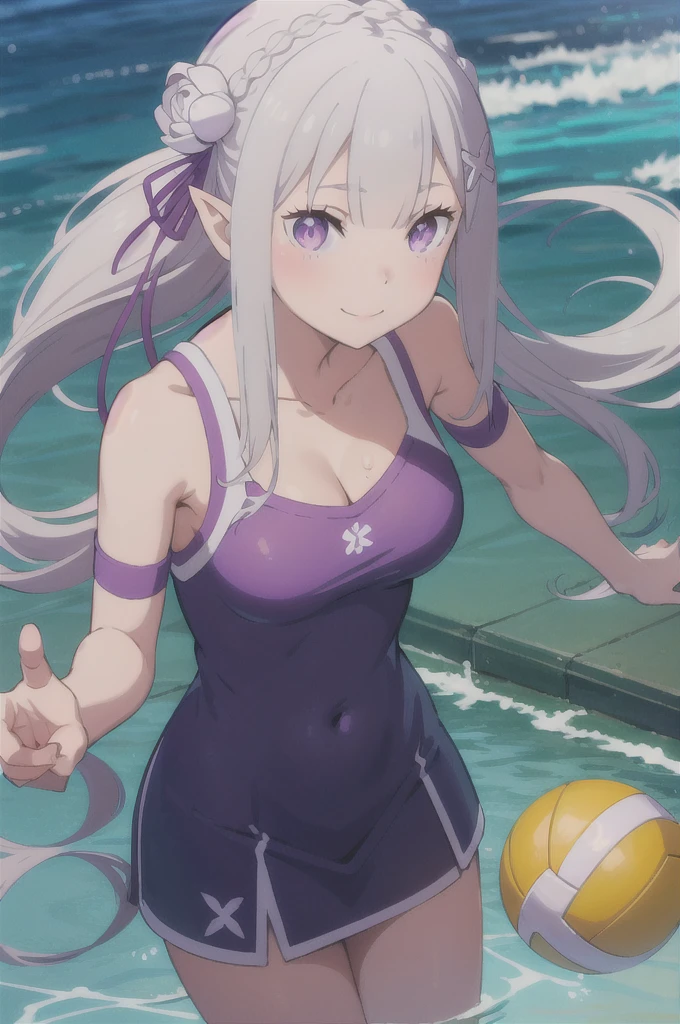 1girl, solo, masterpiece, best quality, re:zero kara hajimeru isekai seikatsu, emilia, emilia (re:zero), purple eyes, grey hair, white hair, long hair, braid, crown braid, blunt bangs, sidelocks, hair ornament, x hair ornament, hair flower, hair ribbon, purple ribbon, pointy ears, elf, volleyball uniform, skindentation, collarbone, bare arms, cleavage, medium breasts, navel, thigh gap, bare legs, breasts, cowboy shot, leaning forward, v arms, from above, looking up, looking at viewer, blush, smile, gym, partially submerged
